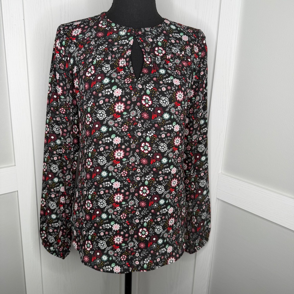 LOFT Blouse Women XS Black Floral Keyhole Long Sleeve Mixed Media Top 477879
